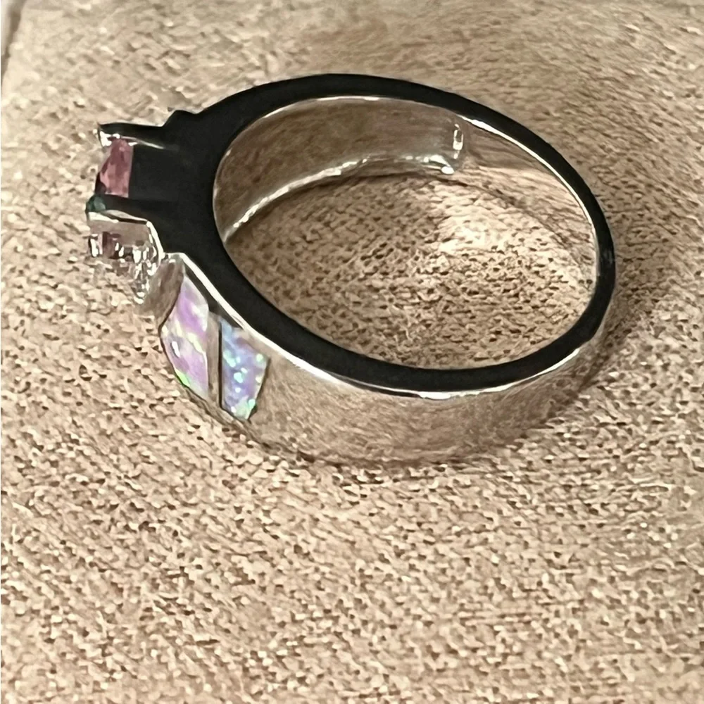 TRILLION-CUT SHIMMERY PINK OPAL-ACCENT PRE-LOVED AUTHENTIC BRASS-PLATED RING